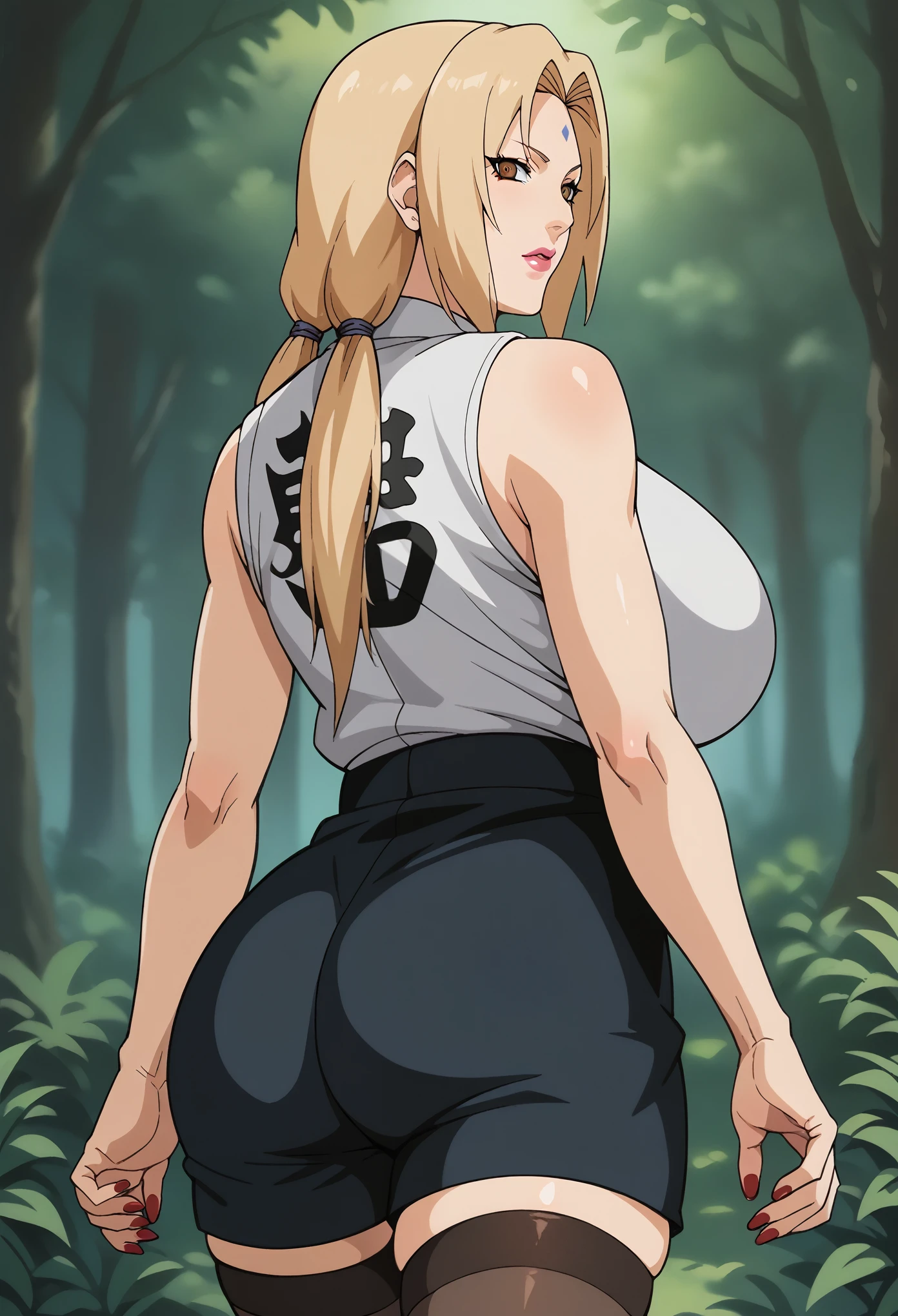 score_9, score_8_up, score_7_up, BREAK, score_9, ChopioTsunade, blonde hair, long hair, low twintails, hair tie, brown eyes, forehead mark, pink lipstick, mature female, large breasts, red nails, outfit_2, solo, 1girl, looking at viewer, cowboy shot, from behind, forest, Mature, Massive breasts, huge tits, big boobs, perfect body, sexy pose, stockings, big body, pussy