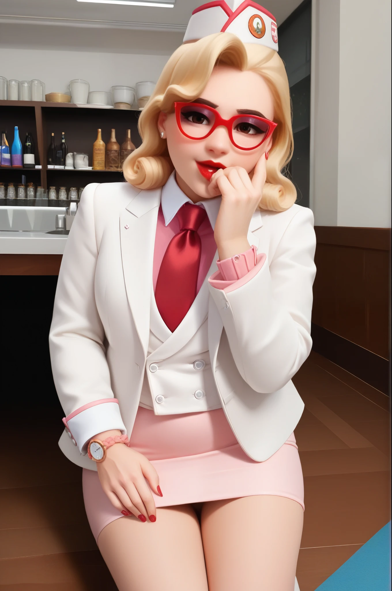 score_9, score_8_up, score_7_up, 1girl, sprinkles mei, mei (overwatch),  three-piece suit, 1girl, blonde hair, glasses, sprinkles mei, smile, pretty, formal, jewelry, (((skirt suit))), (((red silk necktie))), earrings, (((white jacket))), (((pink shirt with white collar))), window, watch, jacket, wristwatch, red lips, (((white pencil skirt))), (((bodycon pencil skirt))), makeup, stockings, garter straps, cufflinks, red nails, fully clothed, red lipstick,   in a 50´s restaurant, long sleeves, shiny clothing, tight clothing, (((tight skirt))), silk shirt fabric, kneeling, cute, pov, blowjob, penis in mouth, deepthroat, bedroom eyes, looking up at viewer, saliva, fellatio, hat, (((male hand on cheeK))), (((thumb in mouth)))