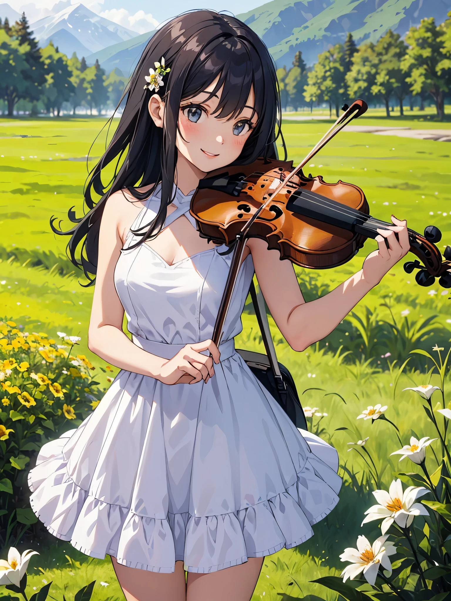 Cute 1 girl, Violin playing, smile, slim, dress, Outdoor, In nature, Mountain々,  grassland, flower, null, Floating Hair