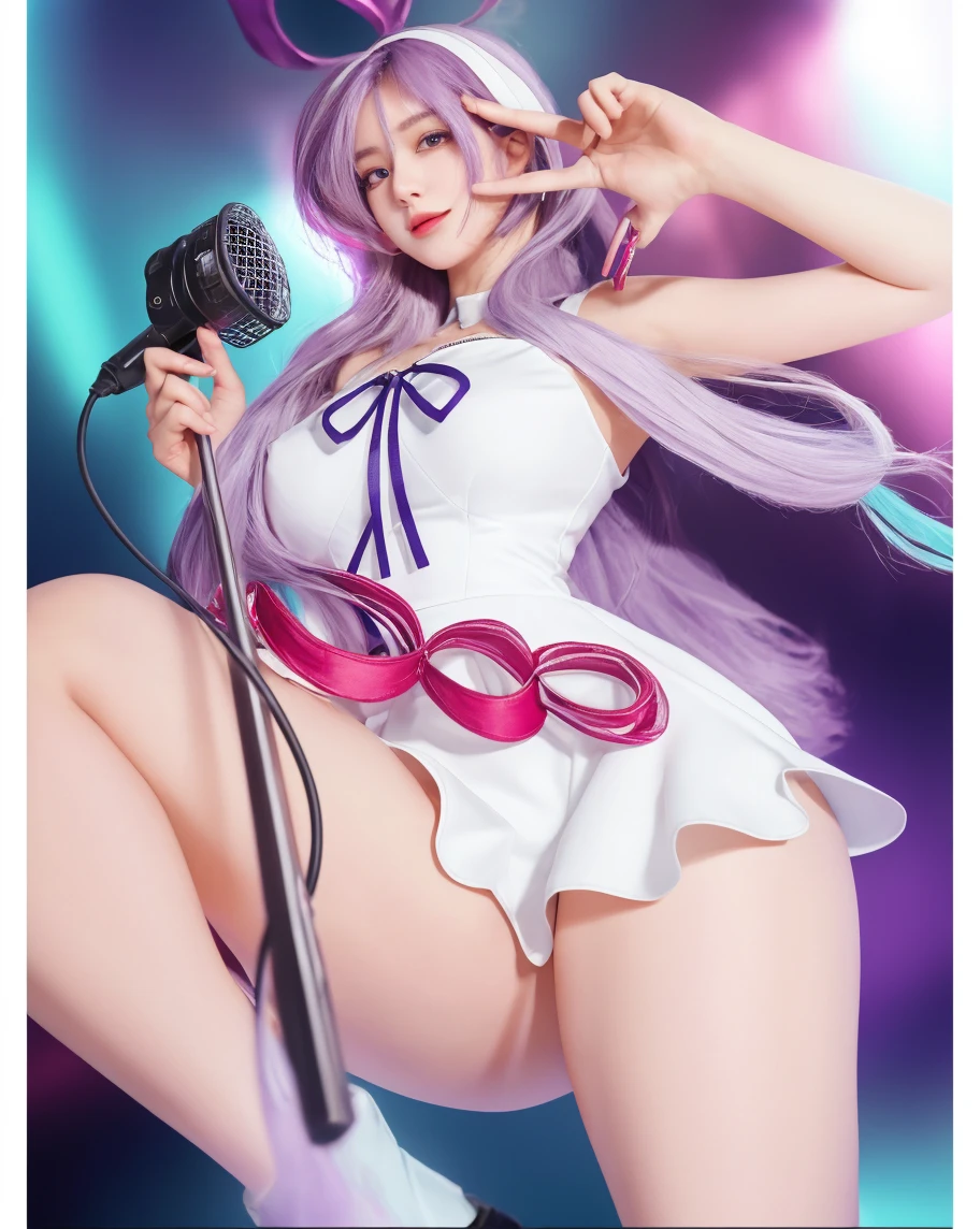(Masterpiece, BestQuality:1.3), (ultra detailed:1.2), (hyperrealistic:1.3), (RAW photo:1.2), High detail RAW color photo, professional photograph, (Photorealistic:1.4), (realistic:1.4), (Pink Hair:1.5), professional lighting, perfect anatomy, (Big Breasts:1.2), (blush, detailed face), (cheerful Smile:1.5), Trending Hair&Trending Hairカラーをランダムに, earrings, necklace, bracelet, sexly, erotic sexly, Random sexy gravure poses, (Beautiful cosplayer wearing a blue and white idol costume、While showing a cheerful smile on stage、Posing with a microphone in hand。Tiara on head、On her feet she wears long white boots。: 1.3)