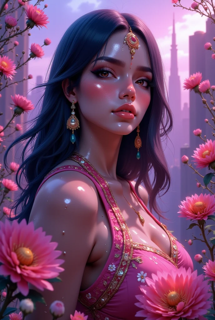 (masterpiece, top quality, best quality, official art, beautiful and aesthetic: 1.2), (1 indian girl: 1.3), extremely detailed, (neon fractal art: 1.1), (multi-color: 1.1) (flower: 1.3), highest detail, (neon zentangle: 1.2), (dynamic pose), (neon abstract background: 1.3), (shiny skin), (multi-color: 1.4), , (earrings: 1.4), (feathers: 1.4) (neon) Full HD, (8k, high resolution, RAW photo, realistic, true-to-life: 1.3), (detailed skin texture, detailed cloth texture, detailed water, detailed body texture, beautiful detailed face: 1.25), professional lighting, photon mapping, beautiful soft light, radiation, physically based rendering, detector ray tracing, model shooting style, model shooting style, (unity 8k super detailed CG background), world's most beautiful full body artwork, (8k, high resolution, RAW image, realistic, photorealistic: 1.3), (detailed skin texture, detailed cloth texture, detailed water, detailed trees, detailed textured flowers, detailed leaves, detailed colors, beautifully detailed faces: 1.25), professional lighting, photon mapping, beautiful soft lighting, brightness, physically based rendering, ray tracing, model shooting style, model shooting style, (unity 8k super detailed CG background), world's most beautiful full body artwork,