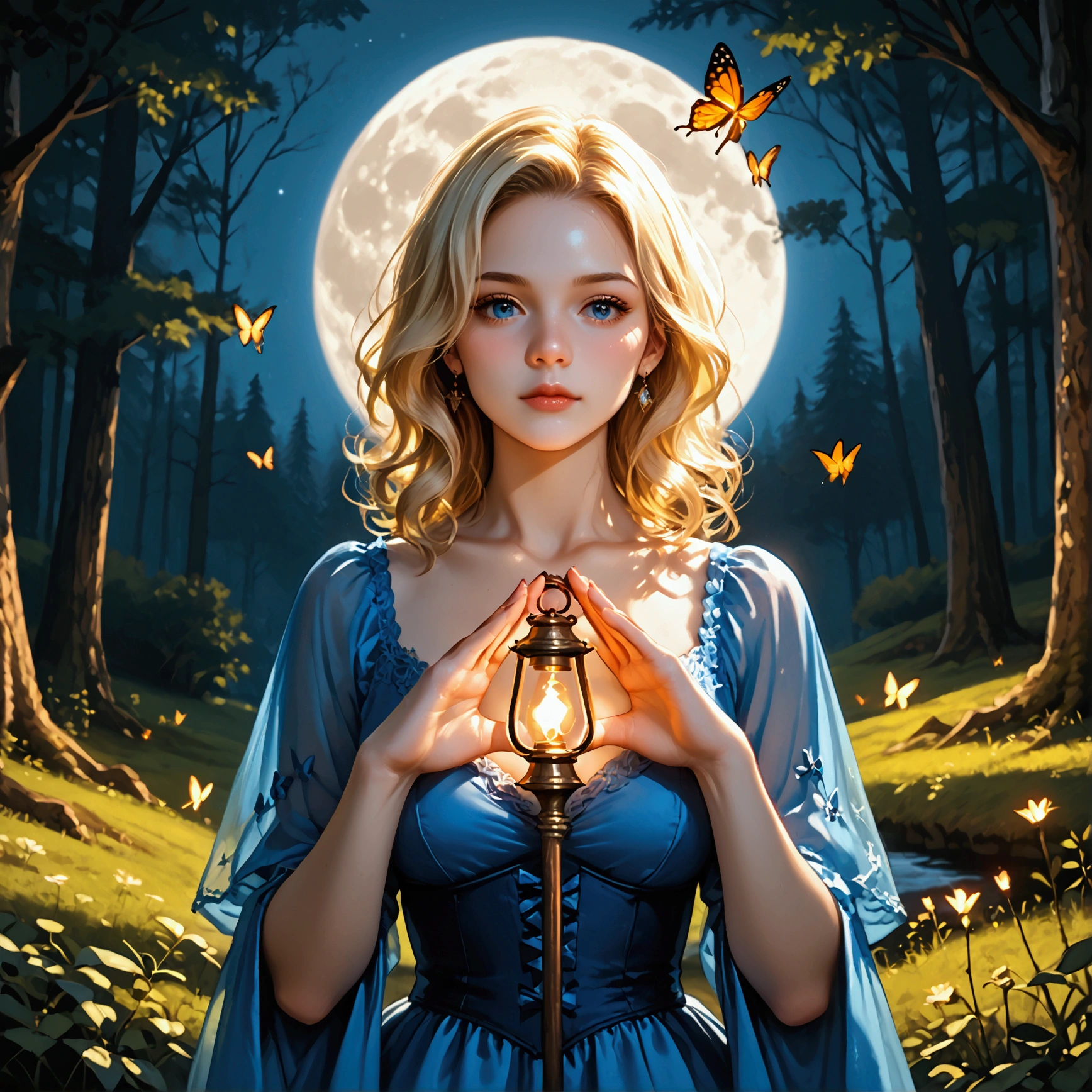 Beautiful blonde witch, under a full moon in a forest; she holds a staff with a lantern, wearing a revealing blue dress; butterflies flutter around her; a magical and enchanting scene], [Digital painting, fantasy art with anime influences], [Style reminiscent of Dan Luvisi and Greg Rutkowski], [Cool-toned blues and purples dominate the palette; moonlight illuminates the scene; detailed rendering of the character's costume and features; smooth skin texture; sharp lines and dynamic pose; background features a dark forest with glowing lanterns; the overall mood is magical, enchanting, and alluring,UHD, retina, masterpiece, accurate, anatomically correct, textured skin, super detail, high details, high quality, award winning, best quality, highres, 8k,Well-proportioned hands with spread fingers that look natural and realistic, detailed and anatomically correct. Emphasize hand positioning and finger proportions for a lifelike appearance