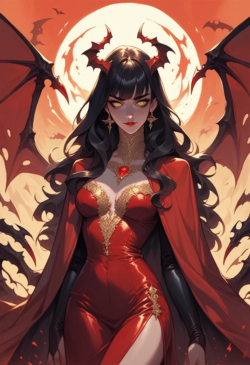 Beautiful devil woman, with red dress, red and gold cloak, long straight black hair, with bangs, yellow eyes of intense color. Spread black devil wings. Dark atmosphere, hell style.