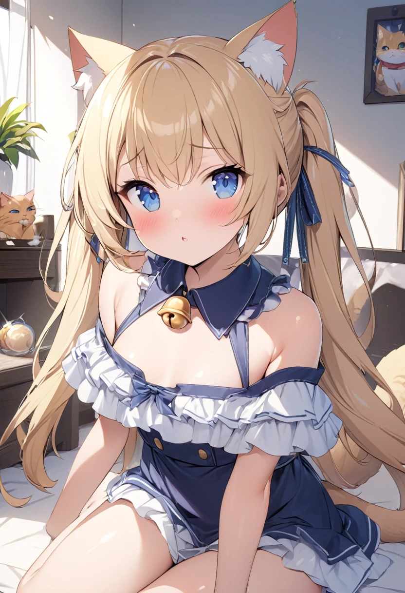  cute charming girl 、 ((( super high definition、 ultra-fine、 super high image quality 、Highest Settings、８k、)))、Small breasts、 very cute、Small and cute、４k、 cosplay、((Cat耳カチューシャ、Tail、Bell on collar、))、(((Catのポーズ、)))、(CG Art)、A bright, sunny room、Modern Room、Focus、 Shiny Beautiful Blonde 、 detailed and precise beautiful blue eyes 、Beautiful clean skin、realskin、Cat、Fluffy、