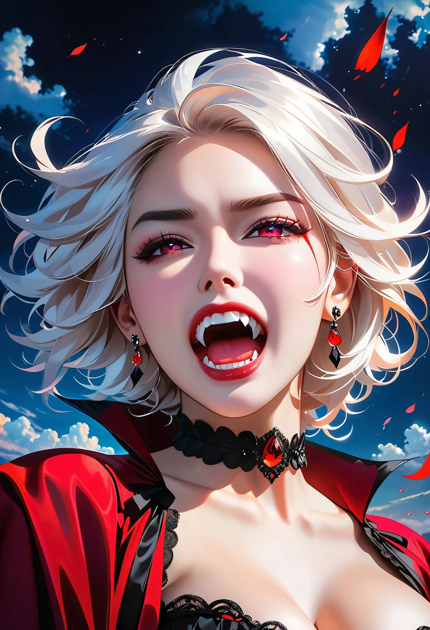 (Masterpiece, highest quality, Best Quality, Beautiful and aesthetic:1.2), portrait of an exotic, beautiful female vampire, (ultra-detailed face:1.3), dynamic white hair, silver eyes, (open mouth showing sharp fangs:1.4), a single red teardrop made of blood running down from her eye, (small cleavage:1.3), wearing two black diamond earrings, ultra-high resolution, high contrast, cinematic lighting, (magical sky background:1.3), crying style, dark and elegant atmosphere, captivating beauty, [16K fantasy art], ultra wide-angle composition, NSFW