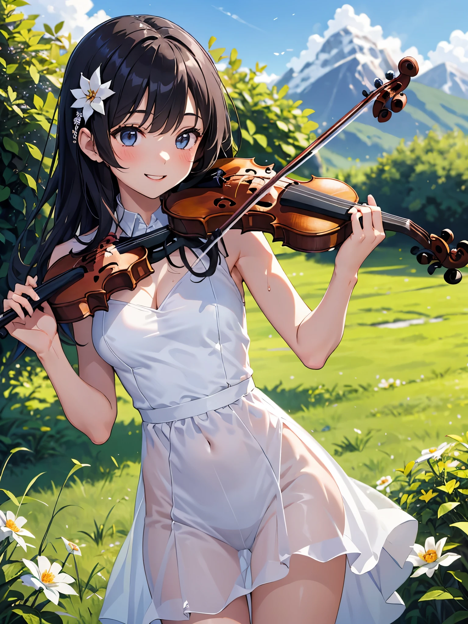 Armpit Show,1 cute girl who won't get wet ,See-through clothing,Cute 1 girl, Violin playing, smile, slim, dress, Outdoor, In nature, Mountain々,  grassland, flower, null, Floating Hair