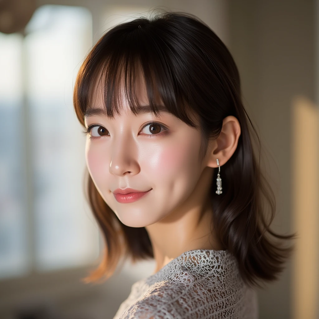 (8k, RAW photos, top quality, masterpiece: 1.2), ultra detailed, super resolution, (real photos: 1.37), portraits, high definition RAW color photos, professional photos, official art, highly detailed CG Unity 8k wallpapers, beautiful Japanese woman, {30|40} years old, highly detailed faces, Highly detailed eyes, highly detailed skin, Highly detailed nose, Highly detailed mouth, Perfect anatomy, Highly detailed background, Highly detailed clothing, One Girl, housewife, realistic body, white skin, radiant skin, slender body, very thin waist, handsome body, brown hair, {short|long} hair, (blunt bangs:1.2), cute face, slight smile, Realistic Face, outfits with a daring design, Earrings, Camera Gaze, Cowboy Shot, Standing Figure, Dynamic Lighting,