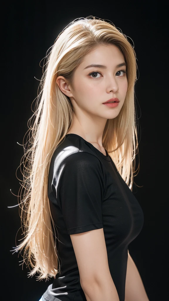 Alone,  focus your gaze  ,    High Resolution   , masterpiece,    anatomically accurate ,   best quality,   very detailed ,  Ultra-fine,    textured skin , woman, ((Long blonde hair)), (((Plain black T-shirt))), 18 years old,  angle from the front to bring the hand forward、 simple background,  cowboy shots, 