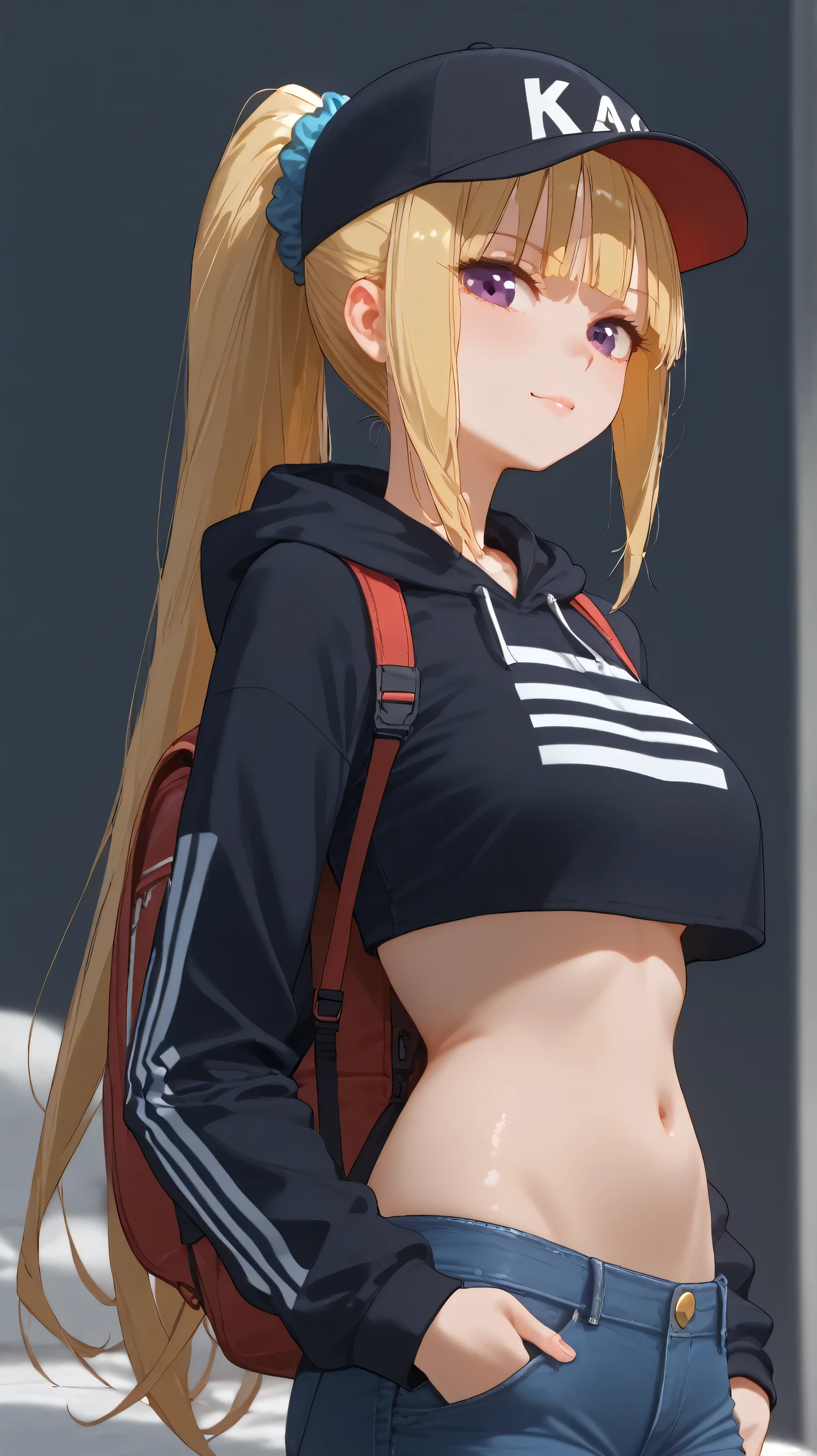 score_9,score_8_up,score_7_up, 1girl,KeiKaruizawa, Kei Karuizawa, bangs, blunt bangs, ponytail hair, violet eyes, blonde hair, blue scrunchie, Black and white striped long sleeve, sleeve, monochrome crop top hoodie, crop top, Skinny jeans, baseball cap, stylish small backpack, sneakers