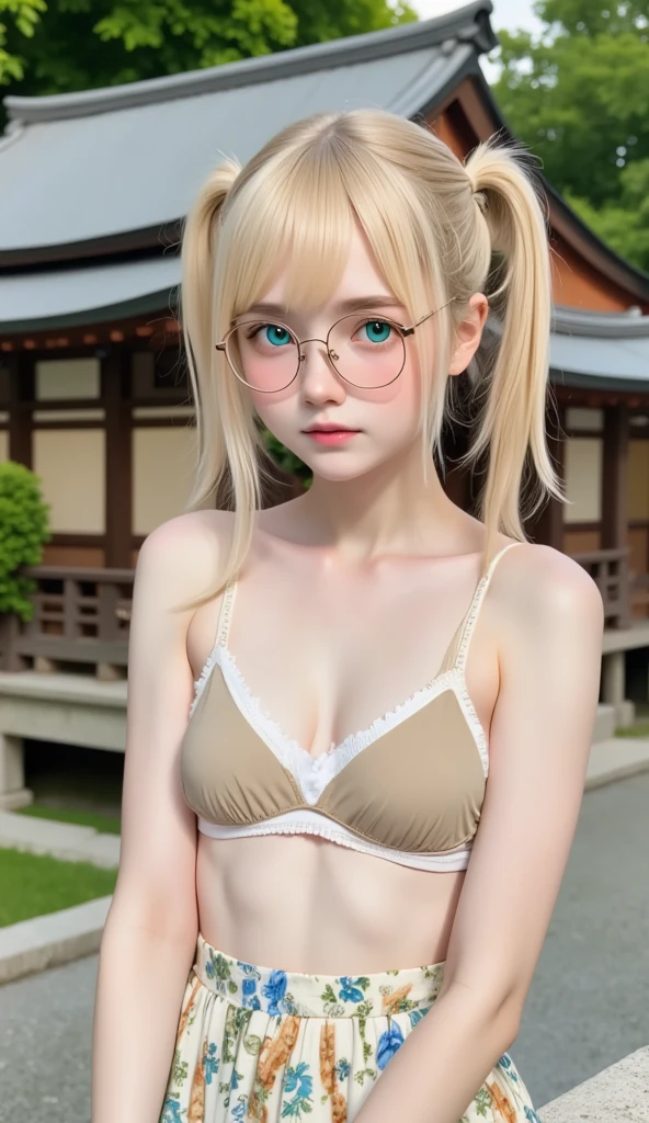 Adorable、((years))、 cowboy  shot, ((Beautiful normal size breasts、Beautiful blonde girl with braided eyes))、in modern room, hair scrunchie, Shiny skin, Best Quality, 超A high resolution, photographrealistic、ultra-detailliert、8K、Raw photo、Orange bra、Orange panties、Happy smiling face、((Cute ruffled underwear))、((Young features))、Hair Ribbon、Wearing glasses、Large ribbon