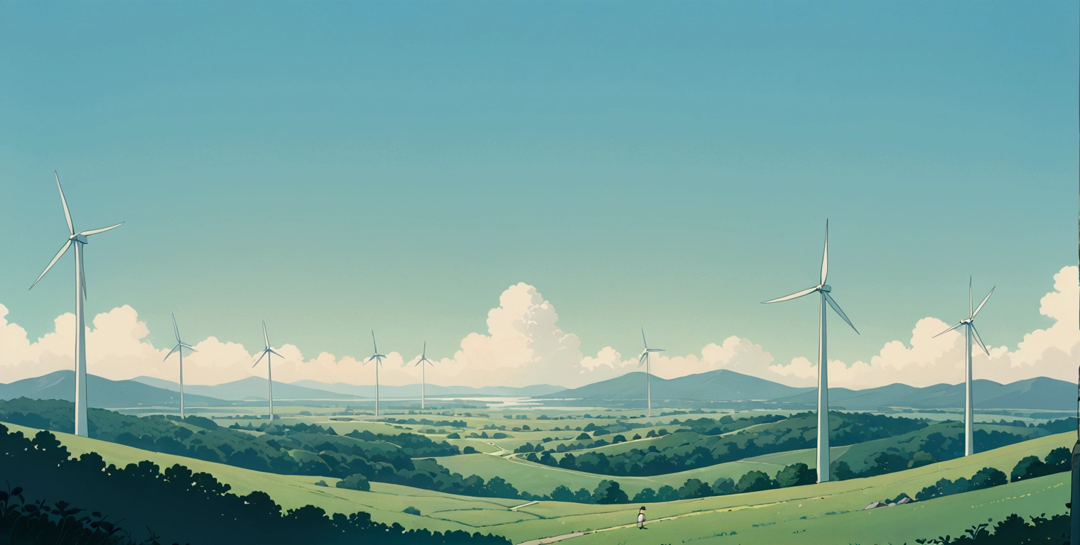 (minimalism:1.4), Lofi anime style, Studio Ghibli art, Miyazaki ,pastel , cute ,minimalist , SPIRITED AWAY From Hayao Miyazak ,No one is there , No people , Landscape , Wind turbine