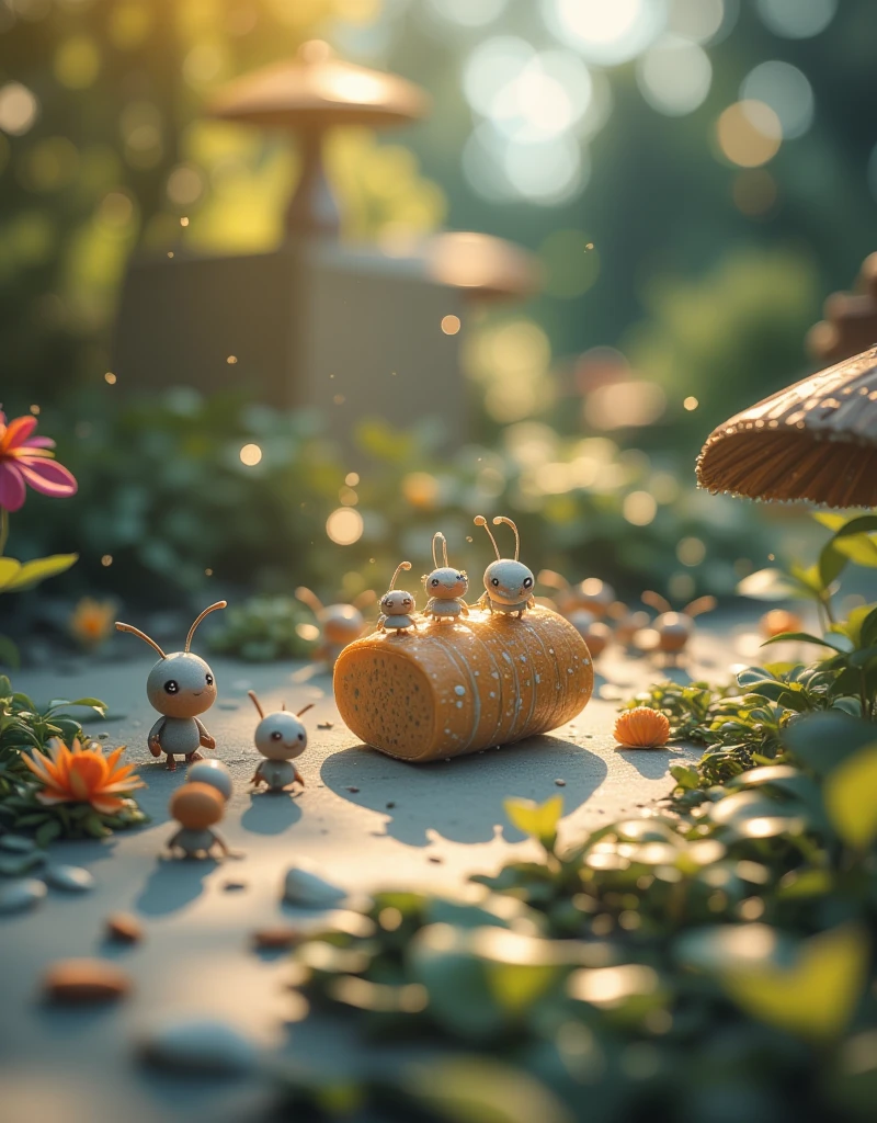 Super cute clay world，Isometric view of many ants eating A Piece of Bread, cute clay stop-motion animation,Features,Tilt action,Excellent lighting effects,landscape,3D,Brush Rendering,3D Effects, super detailed 