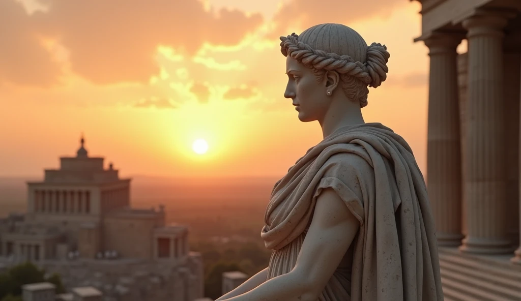 Image d'une femme vulgaire, aux cheveux roux, aux formes généreuses et vêtue de manière à les laissant entrevoir, priant Aphrodite dans un temple grec antique, avec des colonnes. Elle porte une robe blanche avec des motifs grecs dorés, des bracelets en or et une couronne de fleur blanches. Des rayons de lumière pénètrent le temple en direction d'une grande statue d'Aphrodite. La femme vient apporter des offrandes à la déesse et la prier.