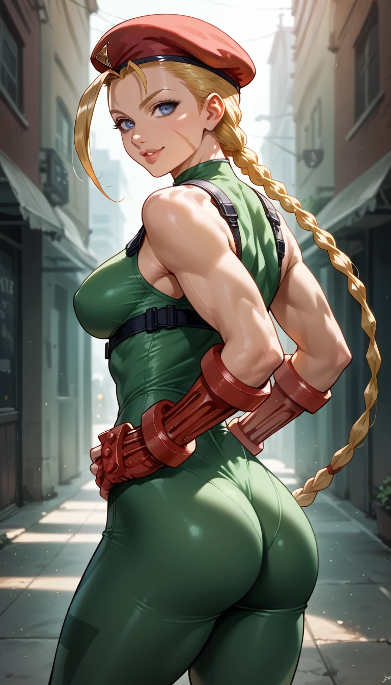 score_9, score_8_up, score_7_up, BREAK, score_9,cammySDXL, 1girl, solo, long hair, breasts, looking at viewer, blue eyes, blonde hair, gloves, hat, standing pose, two braids, twin braids, fingerless gloves, leotard, lips, muscular, beret, highleg, scar, red headwear, scar on face, highleg leotard, red gloves, camouflage, harness, thong leotard, green leotard, chest harness, cowboy shot, small ass, from behind, street