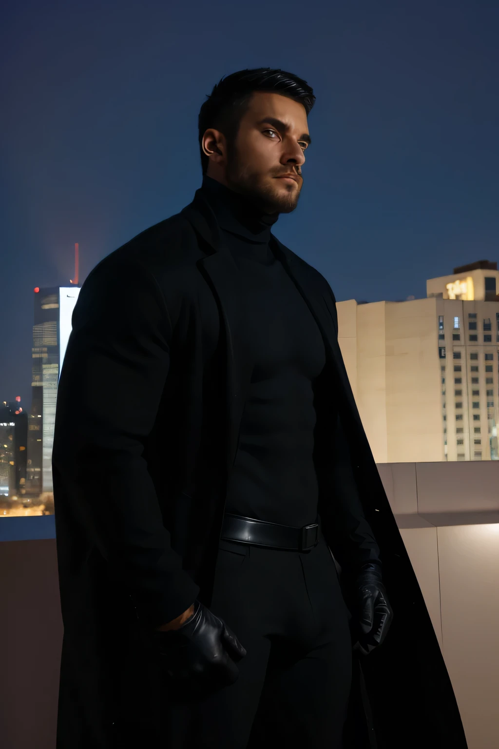 wide shot, camera positioned low, looking up, profile angle. A strong, muscular man with a large, well-built frame stands on the rooftop of a tall building. Dressed in a black long coat that flows in the night wind, black turtleneck sweater, black leather pants, black leather stylish gloves, he gazes out over the city. His powerful stance exudes confidence and sophistication, with the night sky as his backdrop. His muscular arms are clad in the coat, further enhancing his commanding presence.