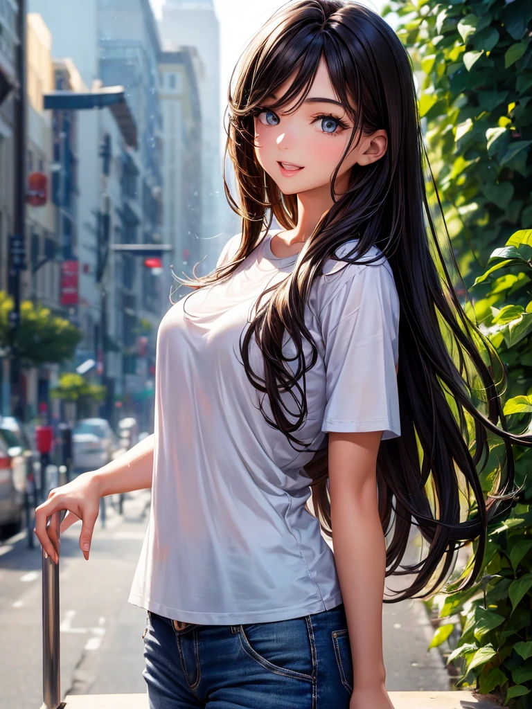 (best quality,4k,8k,highres,masterpiece:1.2),ultra-detailed,(realistic,photorealistic,photo-realistic:1.37),young beautiful girl(1girl),brunette,anime character appearance,detailed eyes and face,entrancing rose colored eyes,toned,chiselled physique,slender,wearing full-sleeve t-shirt and black jeans,deeply in love with the viewer;shy smile;teasing the viewer; adorable; surreal