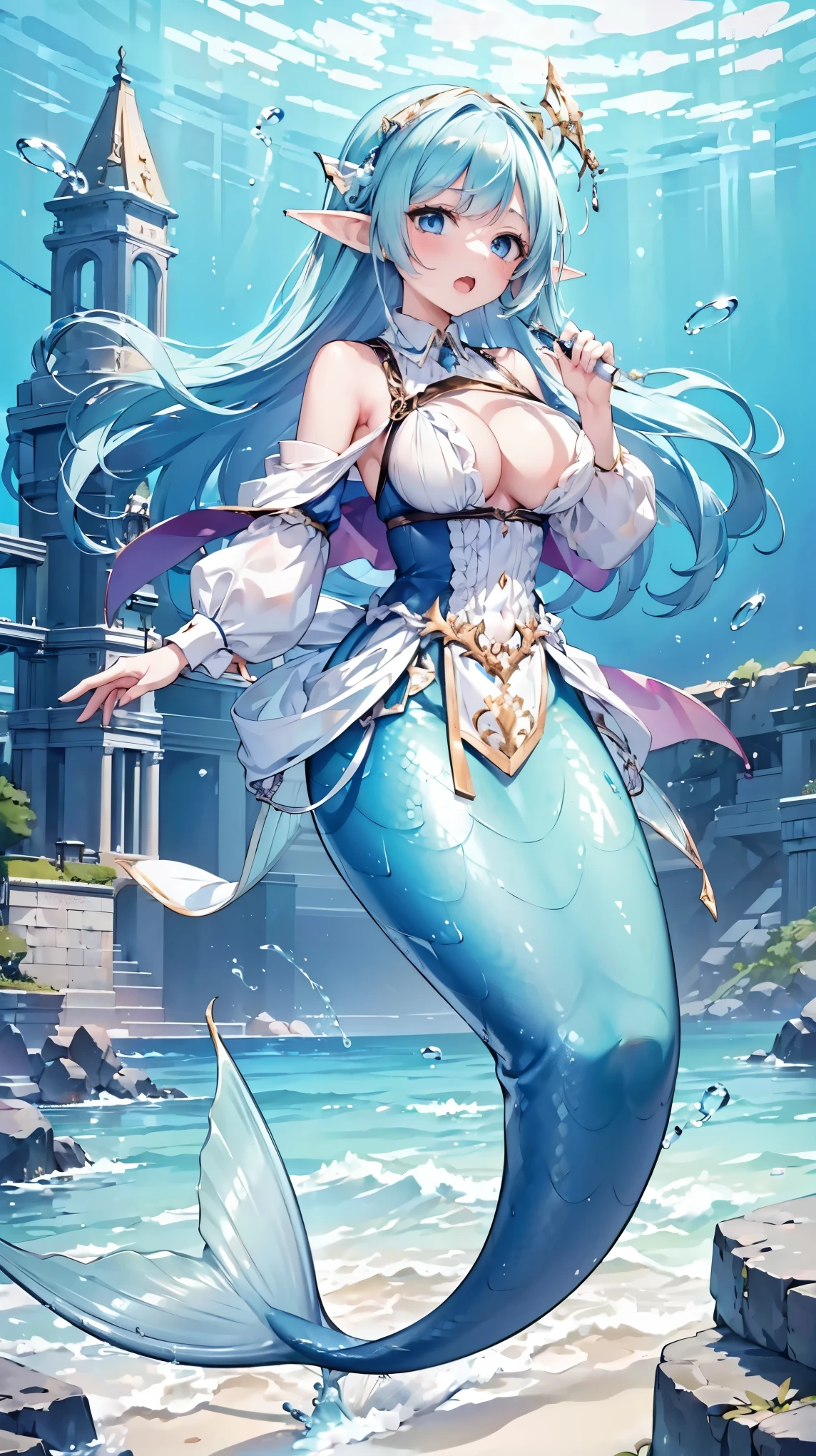 (masterpiece, is the best quality),(Full fingers),A girl, blue hair ,Blue Eyes,Elf ears, alone, big breasts ,Mermaid,蓝色的Mermaid尾巴,Full body photo,charming face(Kawaii, charming,Soft),(Underwater:1.2),Open your mouth