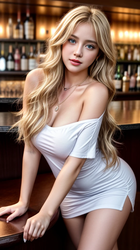 1 girl,solo,necklace,jewelry,long blonde hair,blue eyes,plump:1.4,((thick arms)), t shirt,looking at viewer,The photographer took a picture of her,realistic,off shoulder,bare shoulders,pink lipstick:1.12,(Oval face:1.22),drinking,being in a bar,Holding red wine glass in hand,sexy pose,(full body shoot:1.2),Detailed face,detailed eyes,detailed nose,detailed mouth,((UHD,masterpiece,super detail,award winning:1.4,best quality:1.2,highres,high quality))