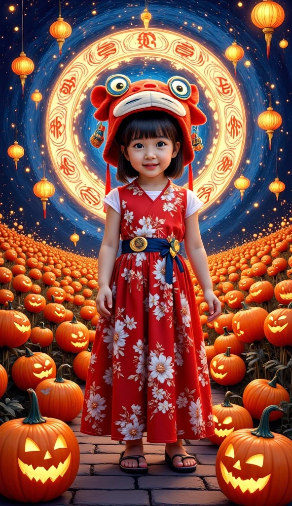 Large Peking Opera facial mask pattern background,simple atmosphere,funny pumpkin lantern carved lion headdress dress up,Chinese beautiful girl,cute and cute,girl Peking Opera facial makeup style,naughty and funny posture,small gourd waist hanging around the waist,small gourd waist showing auspicious clouds and thunder lines outline the "福" word carving,luminous particles,flowing light and shadow,movie feature,texture panorama,masterpiece,depth of field,ultra high definition,extreme detail,visual blockbuster,global illumination,