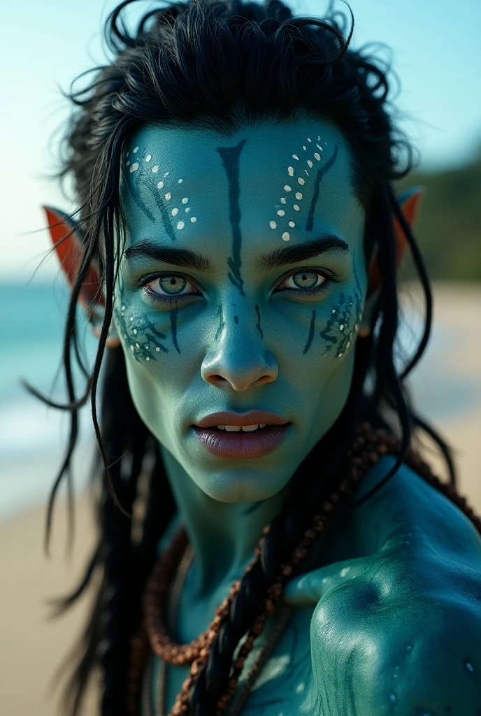 AvKiri, colored skin, blue skin, yellow eyes, short black hair, looking at viewer,smiling, close up, flat torso, outside, forest, sunbeam, high quality, masterpiece, front view, navi tail, standing, hands on hips
