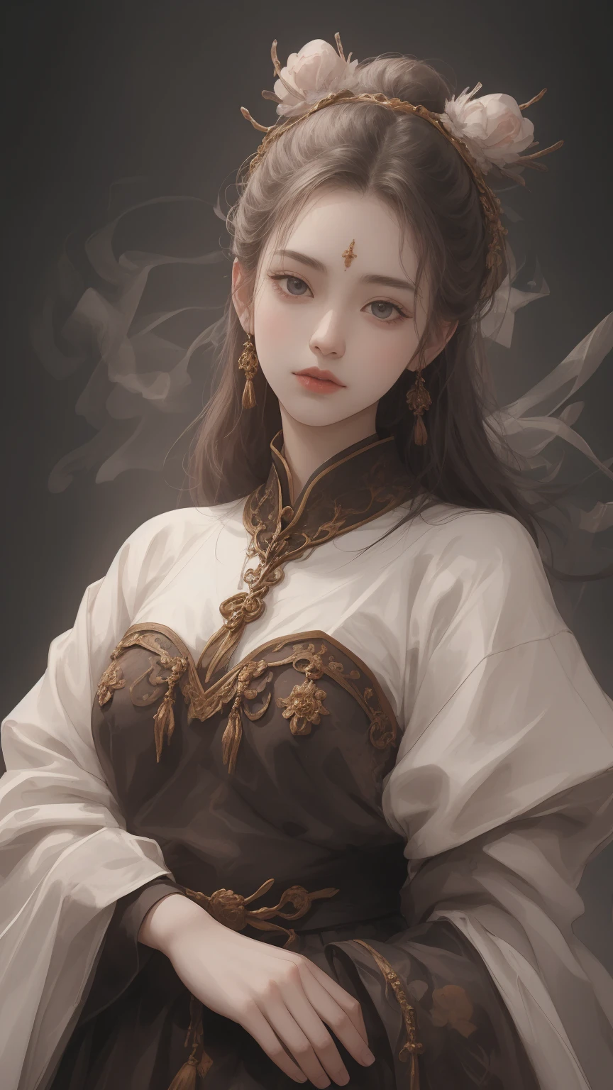 photoreallistic, High resolution, 1Femmes, seulement, Hanches vers le haut, Regarder le spectateur, (Detailed face), cheveux blancs, cheveux longs, Blue Taoist dress,oversized clothes