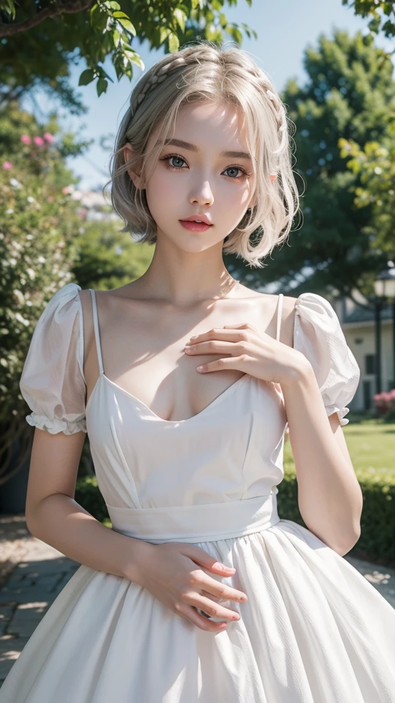 Top quality, 1 beautiful woman, around 20 years old, short hair, blonde hair,maid costume, soft-looking chest,shy-smile, Sunlight, at street,accurate structure of the limbs
