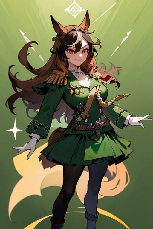 masterpiece, best quality, solo, smile, 1girl, looking at viewer,  <lora:DorotheaFE3H-FEH-bsinky-v2:0.8>, xmasDorothea, hair ornament, elbow gloves, dress, green skirt, bare shoulders, fishnets, pantyhose, earrings, choker, high heels, bracelet, <lora:Cps2V3test_Fp:0.8>, full body, simple background, standing,