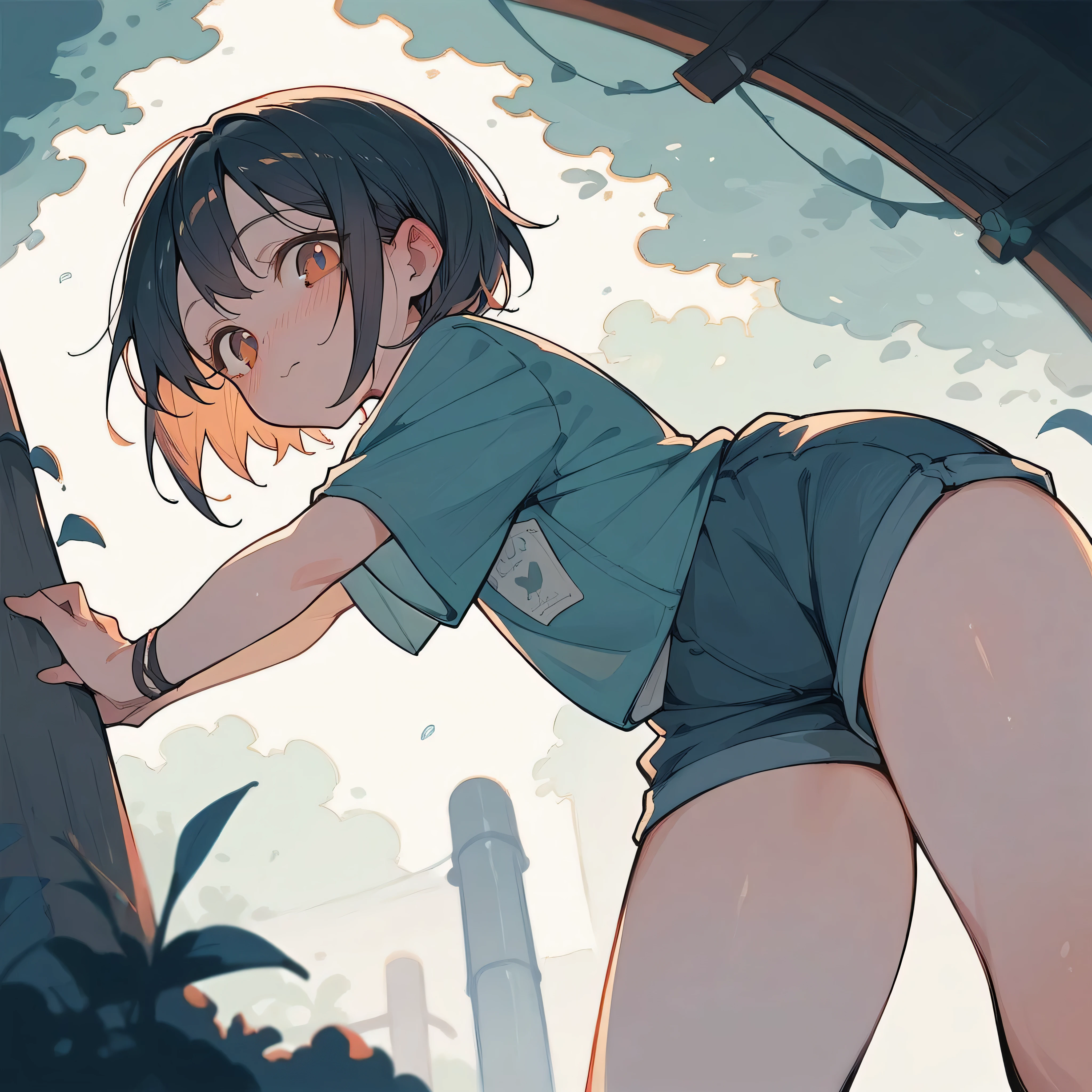 Beautiful naked girl destroying a miniature small town