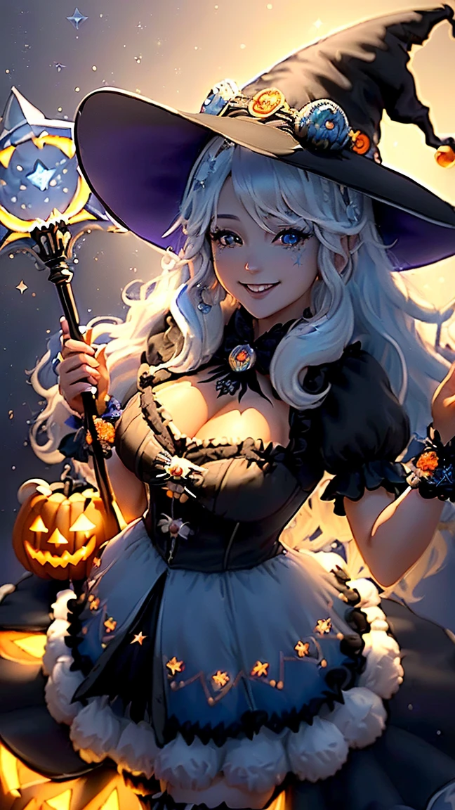 silver hair long hair witch night full moon halloween jack-o-lantern bat sweets smile big breasts black cat
