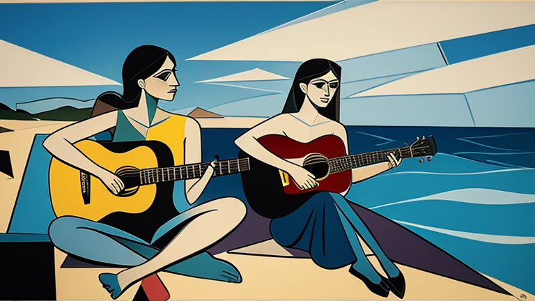 male,  and female cubist paintings, water, return, Picasso, guitar, Beach