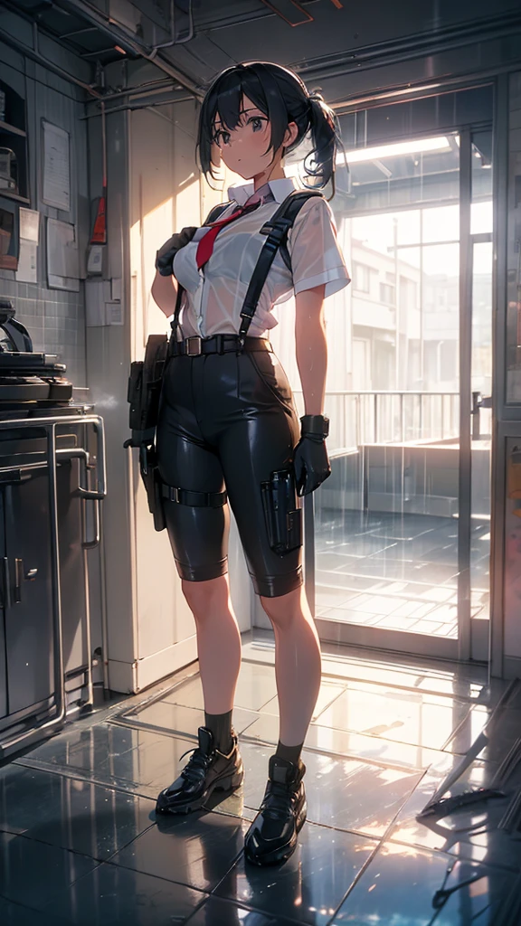 (masterpiece, best quality:1.2), lady, dmc, dmc4, white striped suit, 1girl, solo, heterochromia, red eyes, blue eyes, black hair, tinted eyewear, striped, shorts, thighs, weapon, red gloves, huge weapon, cleavage, large breasts, rocket launcher, scar, gun,