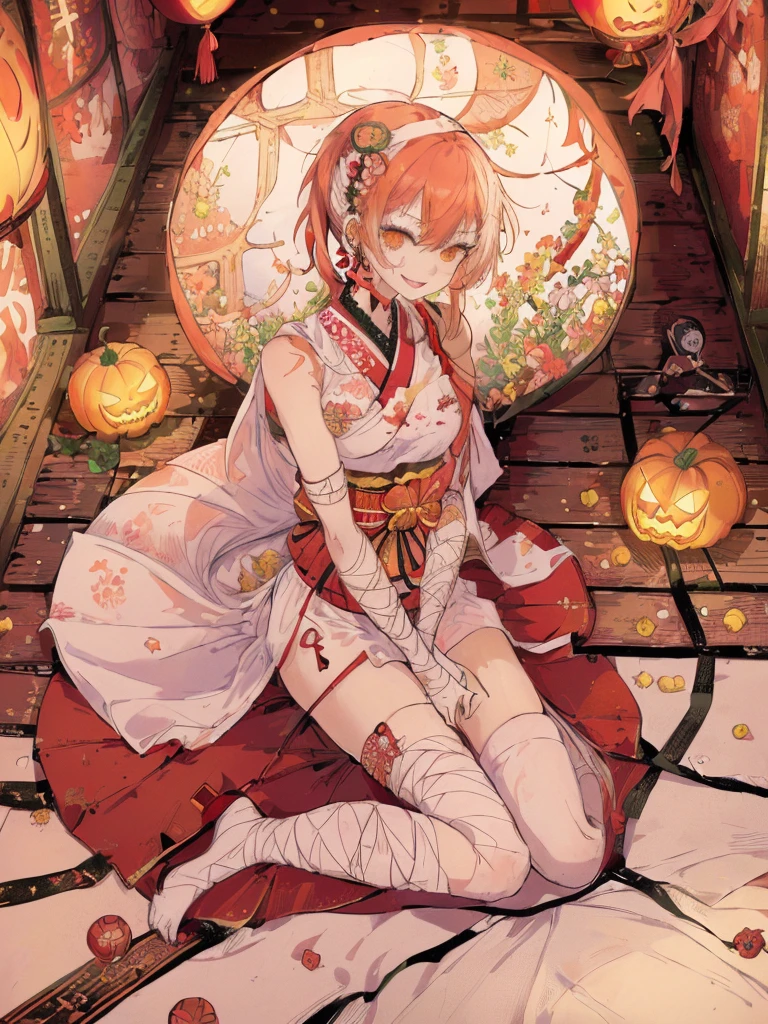 (((  best quality)), ((masterpiece)), ( Details), (shrine,  Japanese festival:1.2),  one mummy girl ,Golden Eyes, Green Skin, red hair,  twin tails,Bandaged arm, bandaged legs ,Bandaged Head,Bandaged neck,Bandaged Chest,Open white kimono , sleeveless,Asymmetrical bangs, Crazy Smile ,Red lips,Zombie Makeup,Showing teeth, opens her mouth,  slim figure, Thin chest,Chibi ,Japanese bat lanterns,Mini Ghost,Little white fox ,profile,Side view,Sit on the floor with your knees raised to your chest , holding candy sticks,A basket full of sweets ,Jack-o-lantern