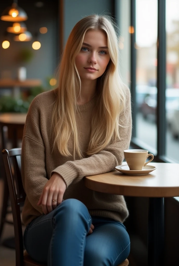 beautiful blonde sitting in a cafe in the distance,illustration,[vibrant colors,vivid colors],[sunlight streaming through the window,cozy atmosphere],(best quality,highres:1.2),artistic style,portraits,soft and warm color tones,subtle shadows.