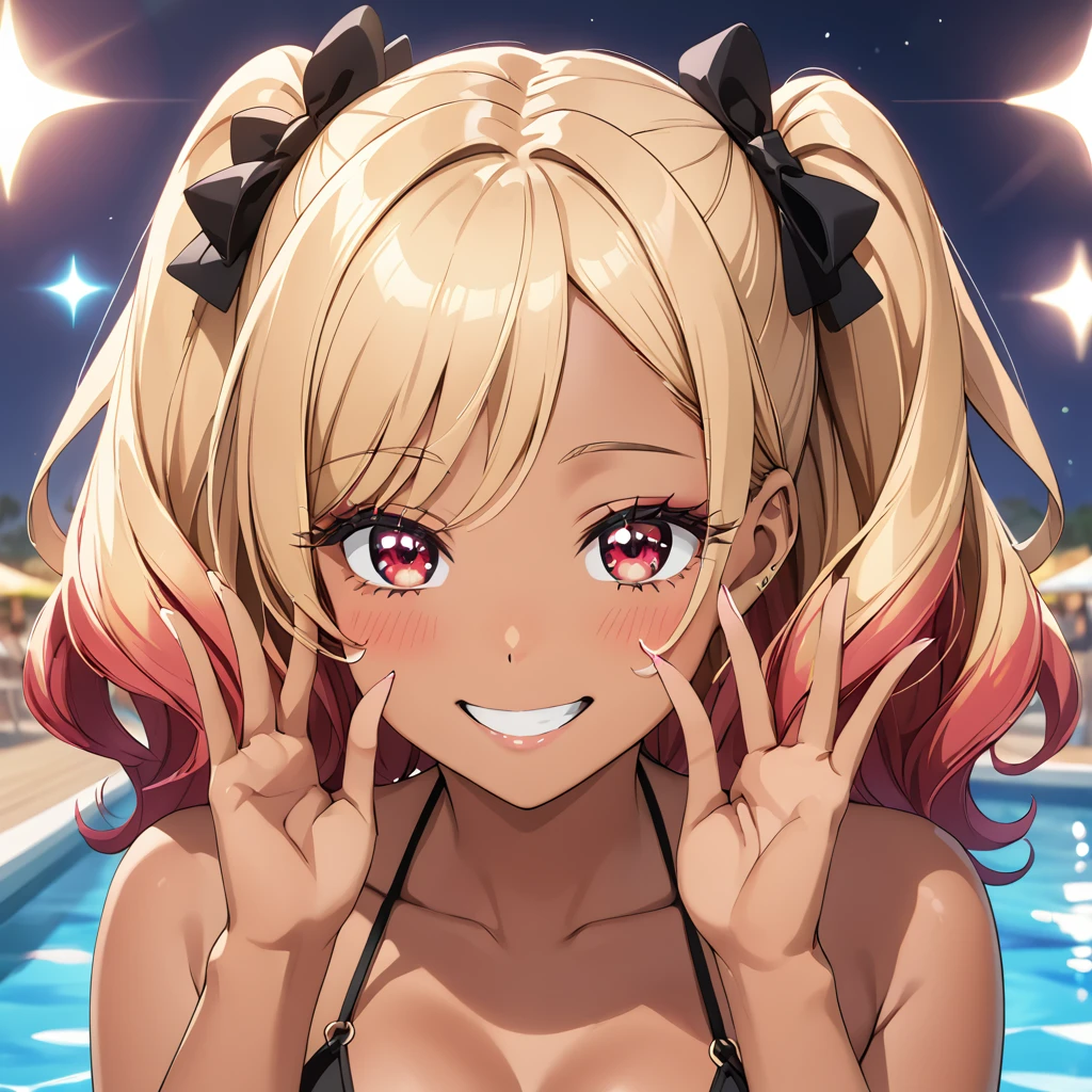 masterpiece, best quality, high quality, detailed, ultra detailed, hyper detailed, exquisite, insanely detailed, beautiful, FHD, Full-HD, 4K, 8K, 16K, highres, absurdres, woman, female, (big breast), cheerful, grinning, flushed cheeks, flushed face, blushing, making a peace sign, looking at viewer, looking down, (two side up hair), forehead, flipped hair, wavy hair, curly hair, medium hair, blonde, red hair, two-tone hair, multicolored hair, gradient hair, with irises, with sparkling eyes, red eyes, eyes wide open, tanned skin, tan skin, light brown skin, dark skin, detailed skin, detailed face, voluptuous, glamorous, black bikini, swimsuit, gyaru, cute face, delicate facial features, kawaii, beautiful, anime, manga