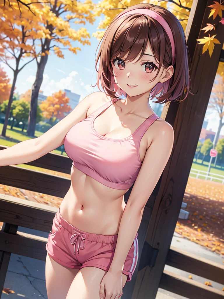  High Resolution ,cute, Brown Eyes ,Brown Hair,20-year-old woman,solo,Pink Eyeshadow, pink sports bra , pink shorts , pink hair band ,smile,B Cup, short hair,Looking at the camera,Blurred Background,Autumn park,