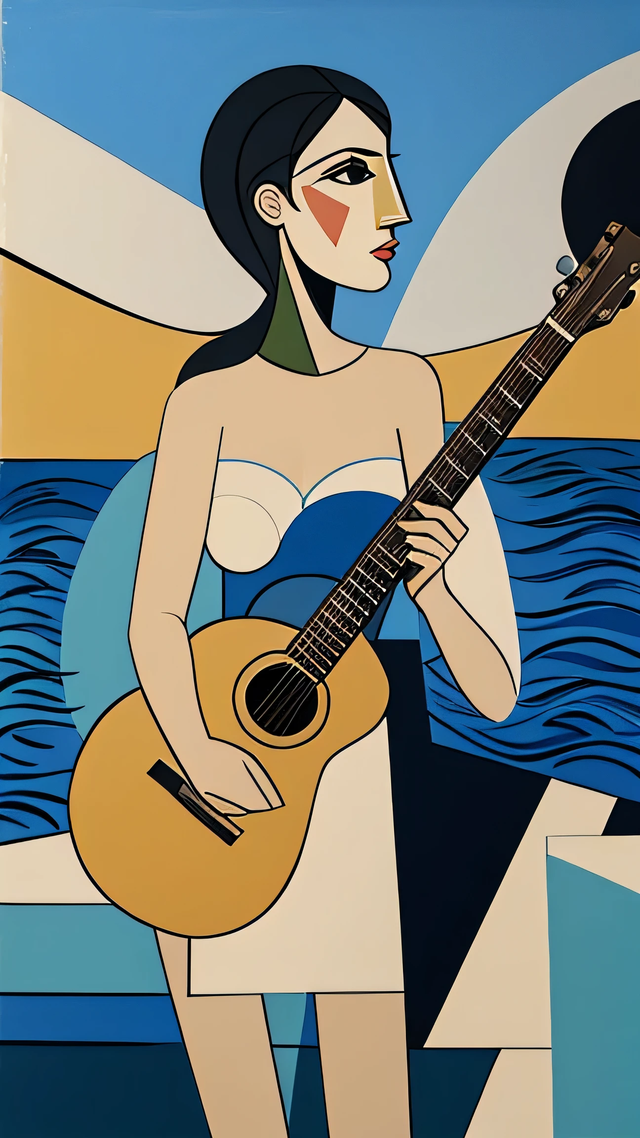 male, And female cubist paintings, water, return, Picasso, guitar, Beach