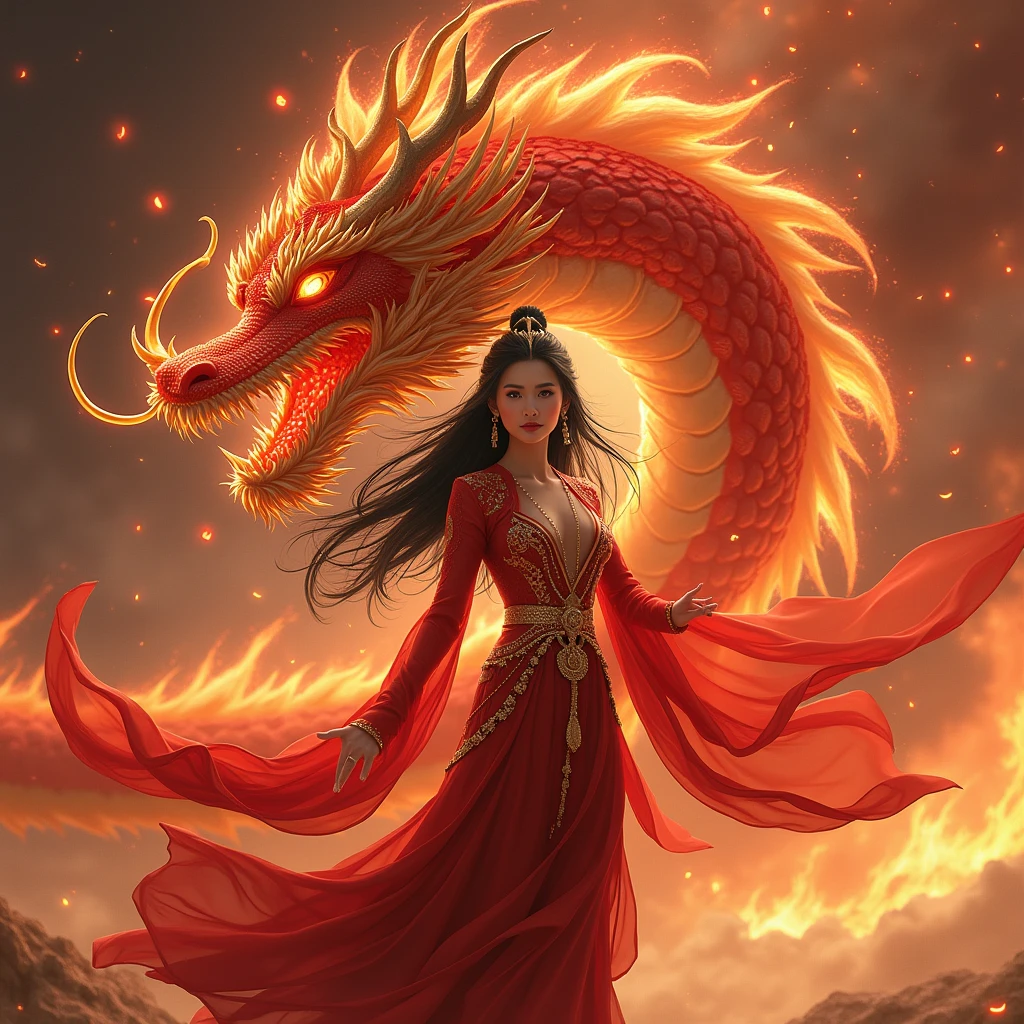 megalophobia, Chinese loong dragon background, Chinese warrior young beautiful woman wearing ancient stunning dress, red flames flying, celestial, magnificent, Victo Ngai, medium shot, fine art, uhd