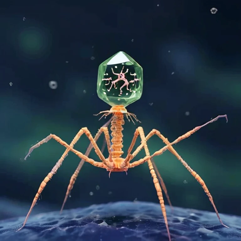 ais-bk glass spider,Phage viruses、DNA、m-RNA、Moves in a twisting motion、,whole body,, (masterpiece, 最high quality, high quality, High resolution, Very detailed),