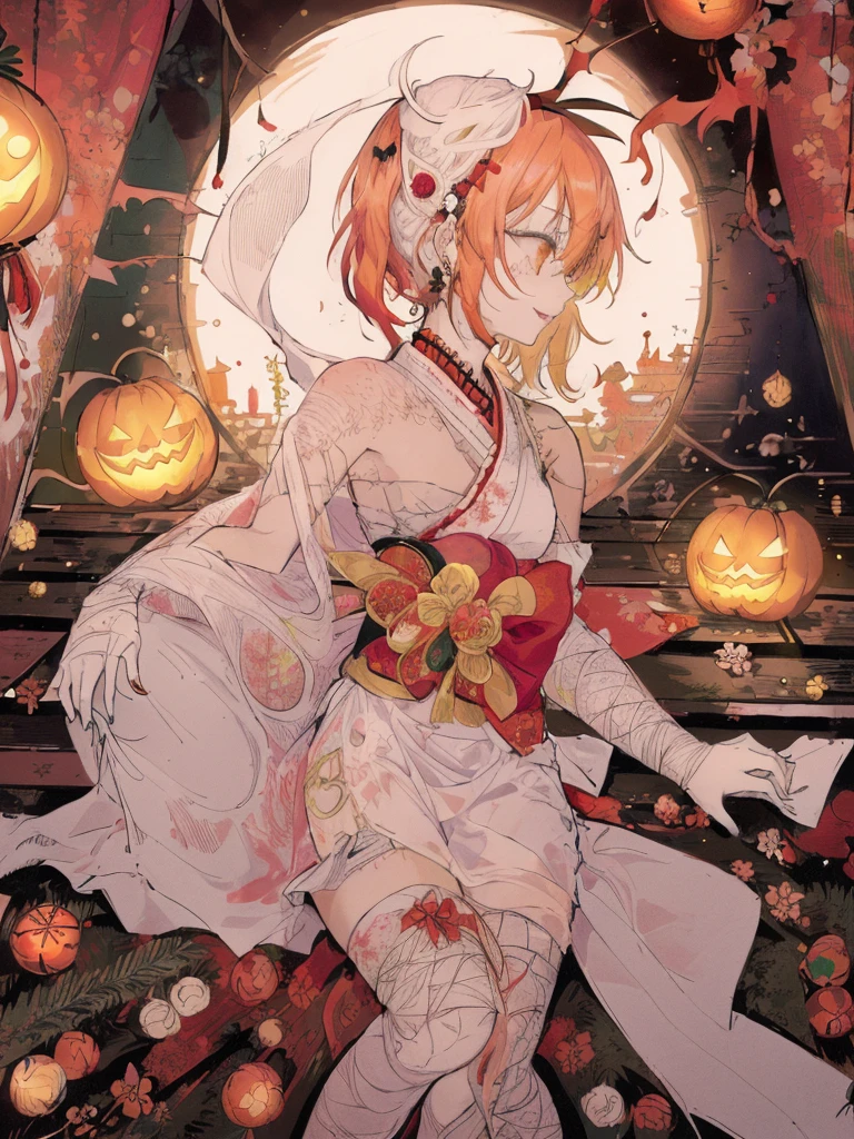 (((  best quality)), ((masterpiece)), ( Details), (shrine,  Japanese festival:1.2),  one mummy girl ,Golden Eyes, Green Skin, red hair,  twin tails,Bandaged arm, bandaged legs ,Bandaged Head,Bandaged neck,Bandaged Chest,Open white kimono , sleeveless,Asymmetrical bangs, Crazy Smile ,Red lips,Zombie Makeup,Showing teeth, opens her mouth,  slim figure, Thin chest,Chibi ,Japanese bat lanterns,Mini Ghost,Little white fox ,profile,Side view,I have a basket filled with candy,Jack-o-lantern, close-up on the upper body 