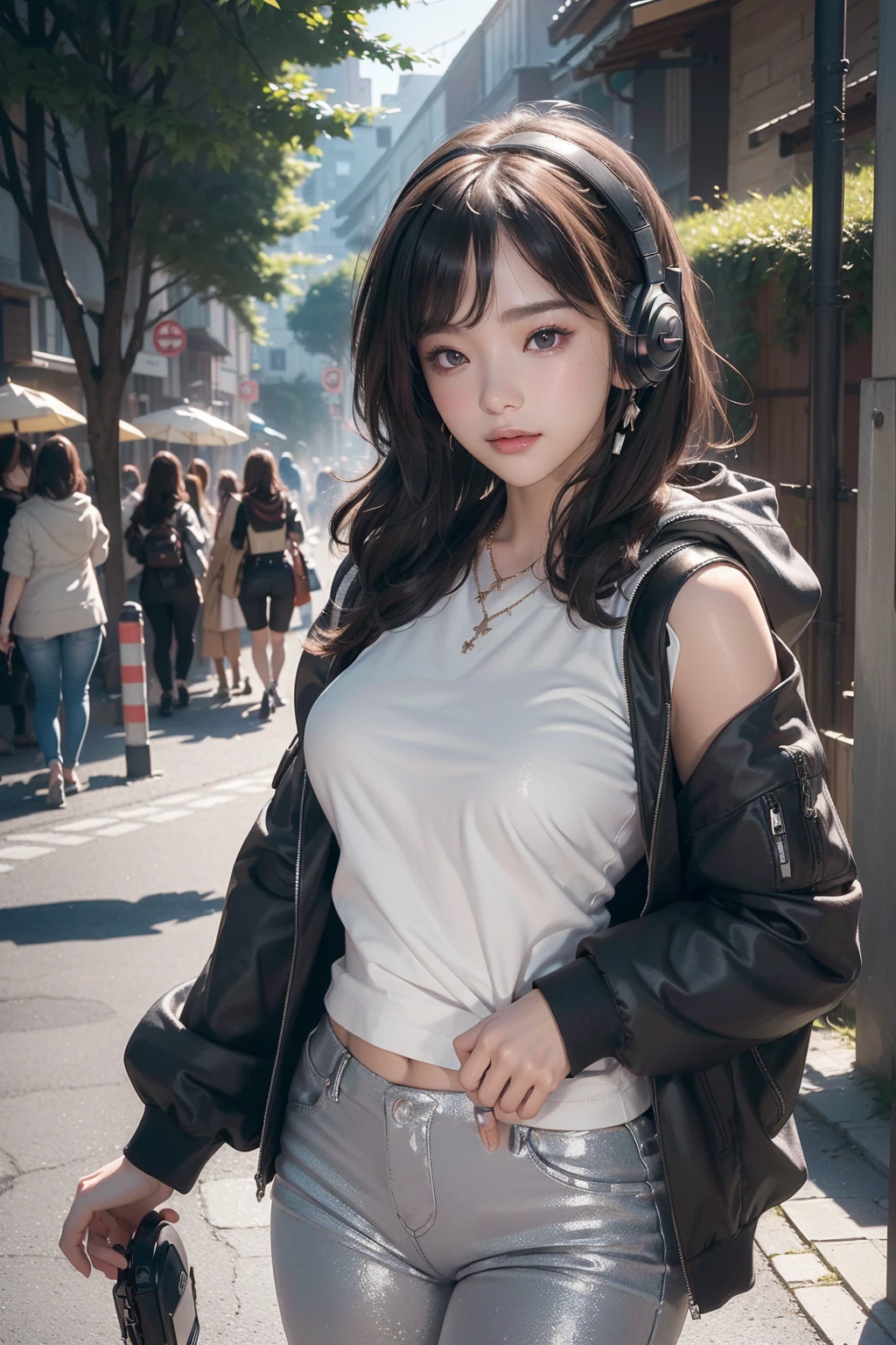 (((top-quality, 8K,超A high resolution、ultra-detailliert))),1girl in,female high-school student,a beauty girl,Street attire,((Hooded Neon Over Jacket,shortpants,backpack))、((Wearing large headphones around your neck))、(Shorthair with light brown hair,Colorful Extended Hair),perfectbody,skinny, Tied waist,Beautiful face, acurate, Anatomically correct, Highly detailed face and skin texture, Big red eyes drawn in detail, Double eyelids, Thin eyebrows, Glitter Eyeliner: 1 Natural cheeks, Glossy skin, Fair skin: 1.2, (Glossy lips: 1.4),Highly detailed facial and skin texture, Detailed eyes, Double eyelids, Natural cheeks, , shiny lips: 1.4,Simple necklace and earrings,Smile and watch the viewer,Walking in the city,【Not blurry,profetional lighting,Professional effectasutepiece: 1.3), (max resolution: 1.2), (Ultra HDTV: 1.2),octanerender, Fujifilm X100, Intense cinematic shots, Shallow depth of field, Volumetric lighting, kintsugi,(8K、Raw photography、masterpiece:1.4)、(realisitic、Photorealsitic:1.37)、Shot with CineStill 800T、(Extreme top quality:1.3)、((depth of fields:))、absurderes、(超A high resolution、extremery detailed CG、hight resolution、realisitic、ultra-detailliert、a picture、A hyper-realistic、ultra-detailliert、Cinematic atmosphere、8K UHD、insanely detaileda、trending on artstationh、awardwinning photo、extremely detailed photo、hight resolution:1.5)】No tags or text