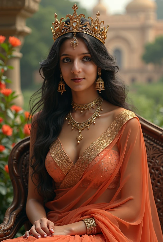 side nude topless portrait of A confident-looking indian woman princess with long flowing hair, hazel eyes, wearing designer jewellery, designer royal crown, visible c-cup breast sitting on royal garden, palace background, bokeh perfect composition, hyperrealistic, super detailed, 8k, high quality, trending art, trending on artstation, sharp focus, nude photo shoot, intricate details, highly detailed, art by greg rutkowski