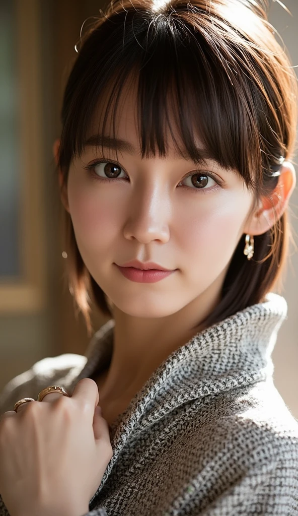 (8k, RAW photos, top quality, masterpiece: 1.2), ultra detailed, super resolution, (real photos: 1.37), portraits, high definition RAW color photos, professional photos, official art, highly detailed CG Unity 8k wallpapers, beautiful Japanese woman, {30|40} years old, highly detailed faces, Highly detailed eyes, highly detailed skin, Highly detailed nose, Highly detailed mouth, Perfect anatomy, Highly detailed background, Highly detailed clothing, One Girl, housewife, realistic body, white skin, radiant skin, slender body, very thin waist, handsome body, brown hair, {short|long} hair, (blunt bangs:1.2), cute face, slight smile, Realistic Face, outfits with a daring design, Earrings, Camera Gaze, Cowboy Shot, Standing Figure, Dynamic Lighting,