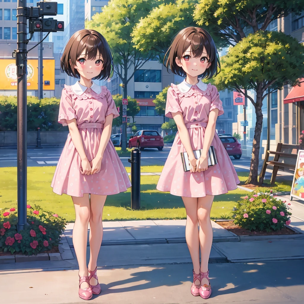 masterpiece,  best quality,  High Resolution ,  very detailed,  detailed background, Cinema Lighting,  1 girl, source_shizuka, bangs, short twin hair , pink shirt, frown, city, street,  viewers almost at night, smile, Full Body, day光, dappled day光, day,  outdoor , Park, Full Body, 