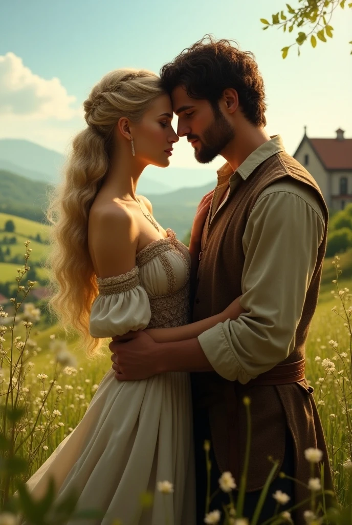 Arthur Morgan from the game red dead redemption, hugging a blond angelic woman romantically