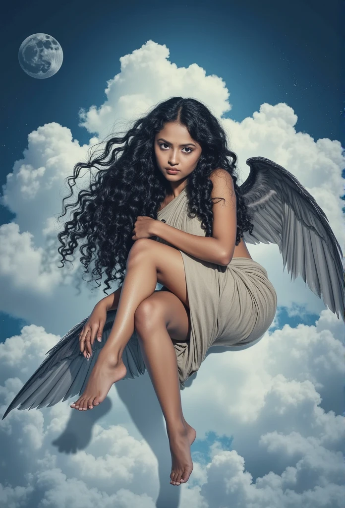 , realistic , succubus, ethereal beauty, perched on a cloud, (fantasy illustration:1.3), enchanting gaze, black hairs, wearing saree, captivating pose, delicate wings, otherworldly charm, mystical sky, large moon, moonlit night, soft colors, (detailed cloudscape:1.3), (high-resolution:1.2), from below, (r