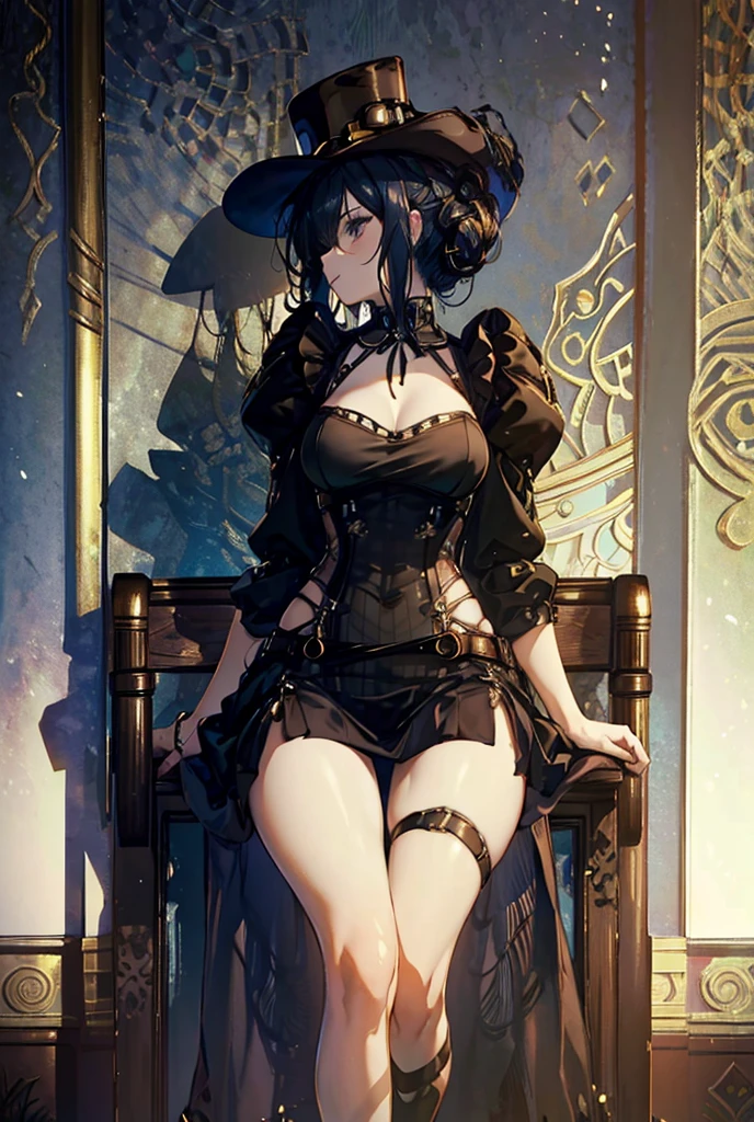 Sexy woman sitting on a chair , wide visible hips ,  dressed in daring black steampunk, light tall and strappy , Caucasian, From behind,  short skirt open on one side joined with cords, From behind, 