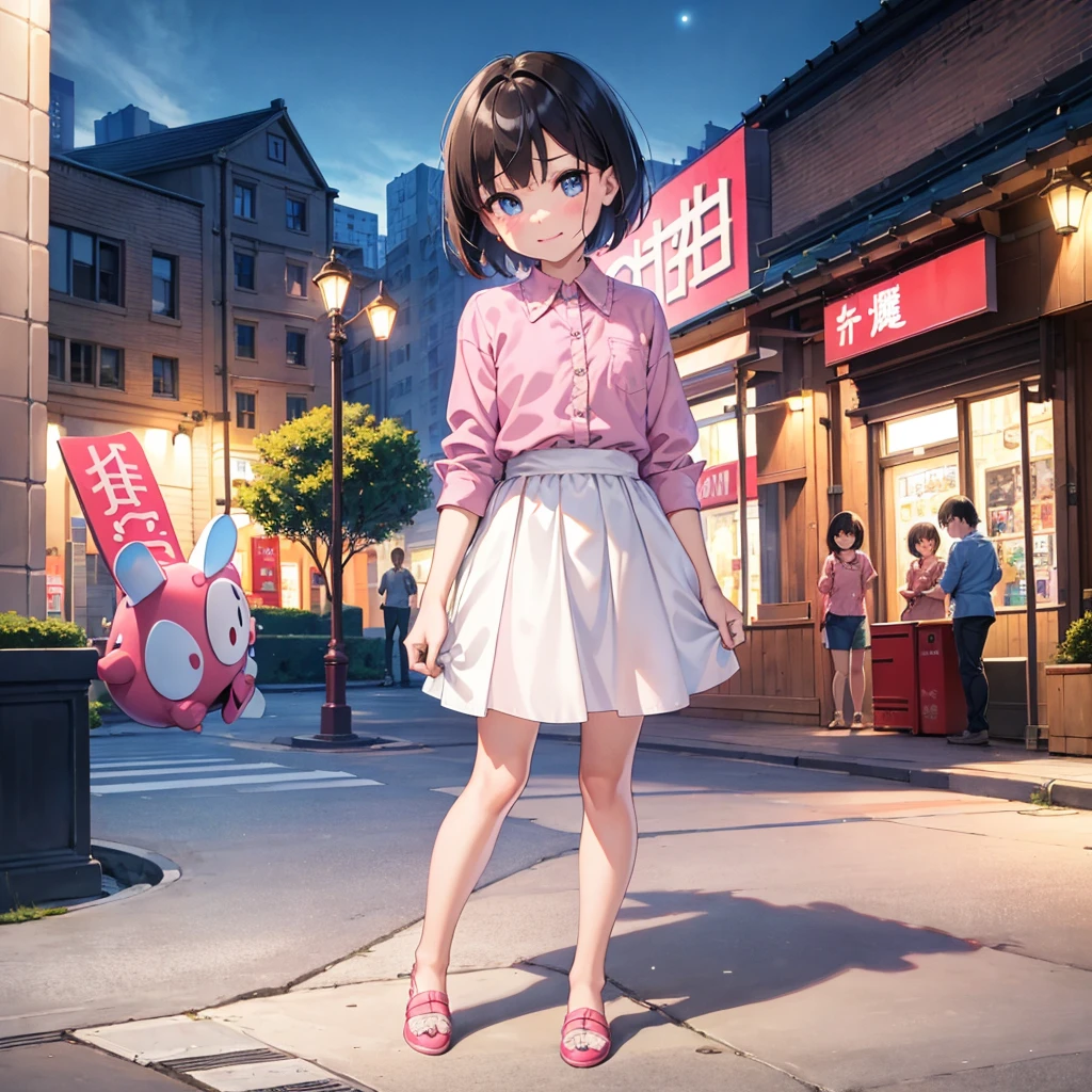 masterpiece,  best quality,  High Resolution ,  very detailed,  detailed background, Cinema Lighting,  1 girl, source_shizuka, bangs, Short Hair, pink shirt, frown, city, street,  viewers almost at night, smile, Full Body, day光, dappled day光, day,  outdoor , Park, Full Body, 