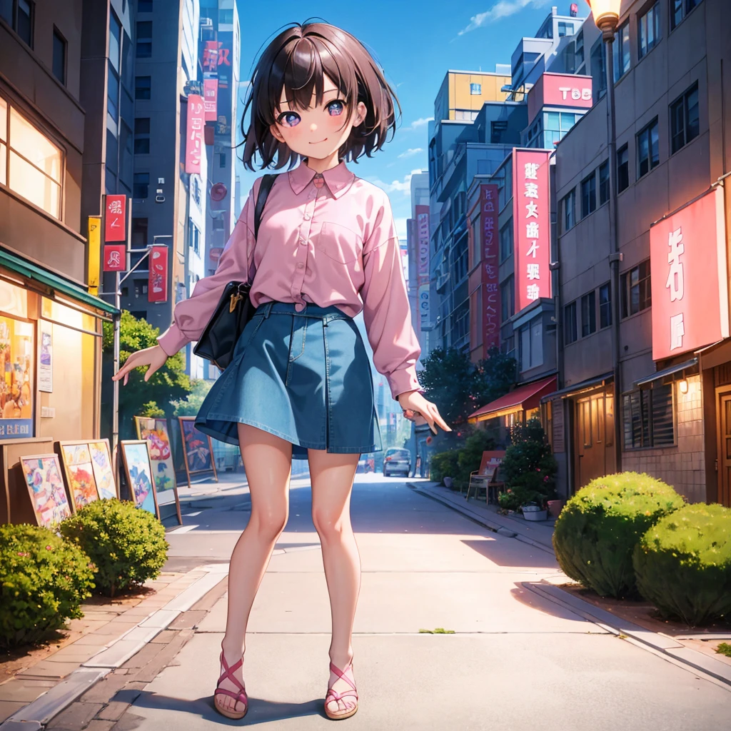 masterpiece,  best quality,  High Resolution ,  very detailed,  detailed background, Cinema Lighting,  1 girl, source_shizuka, bangs, Short Hair, pink shirt, frown, city, street,  viewers almost at night, smile, Full Body, day光, dappled day光, day,  outdoor , Park, Full Body, 