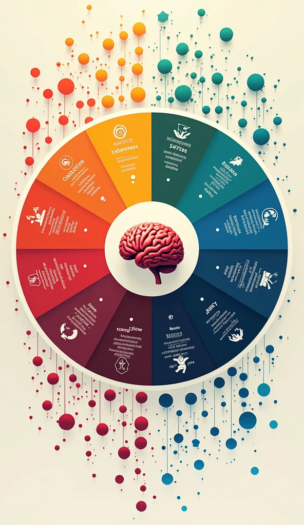 Create a vibrant, colorful emotion wheel, divided into several sections that represent different feelings: joy, surprise, fear, sadness, anger, disgust. Each section should have a distinct color, with icons or illustrations that symbolize the corresponding emotion, such as a smile for joy, a tear for sadness, and a spark for anger. In the center of the wheel, include a small brain. Around the wheel, add small text or keywords that describe each emotion: joy, surprise, fear, sadness, anger, disgust. The image should convey a sense of dynamism and variety, reflecting the complexity of human emotions and their interconnectedness.