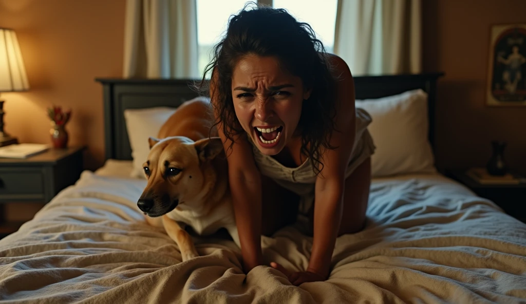 a police dog launching an attack on elderly Muslim woman , in her bedroom, causing her to scream in fear and clutch her hijab. The image captures the intense moment of this unexpected and distressing attack in stunning detail. The scene is depicted with vivid hues and intricate textures, showcasing the woman's aged features and the dog's snarling aggression. Despite the disturbing subject matter, the composition exudes a sense of raw emotion and intensity that is both captivating and thought-provoking , The dog snarling and aggressive to the woman